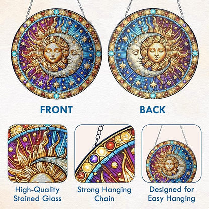 FLAGWIX Christmas Spiritual Gifts for Women Men - Stained Glass Window Hanging 10 in for Sun and Moon Decor - Sun Catchers Indoor Window, Boho Suncatchers for Celestial Decor, Christmas Decorations
