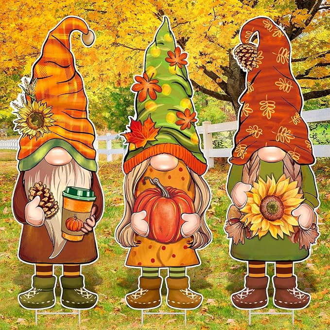 Umigy 3 Pcs Thanksgiving Yard Decor Cute Fall Autumn Gnome Yard Sign with Stakes 32 x 10 Inch Gnome Outdoor Lawn Decor, Outside Thanksgiving Garden Decoration for Home Pathway Walkway