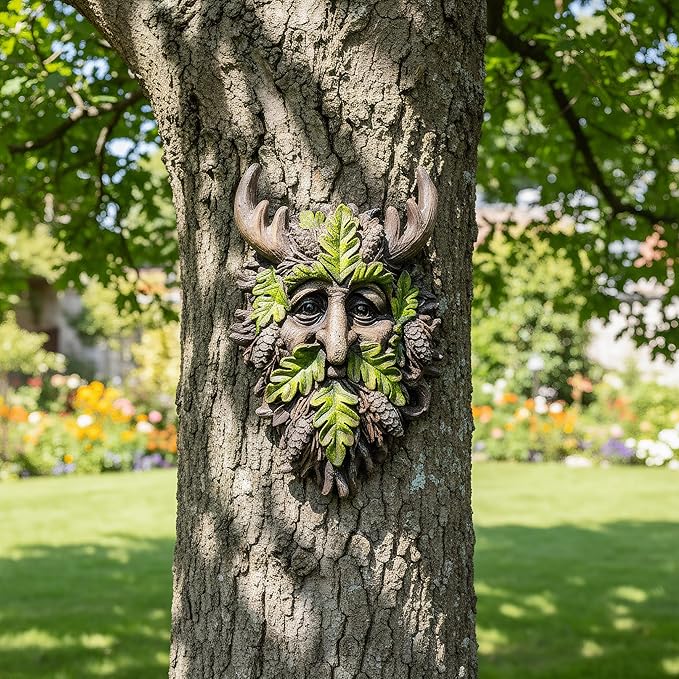 8.3" Real Tree Face Hugger Statue, Garden Outdoor Resin Sculpture with Foliage Features, Fairy Elve Accent Yard Art, Halloween Trees Decorations Outdoor Wall Mounted Statue