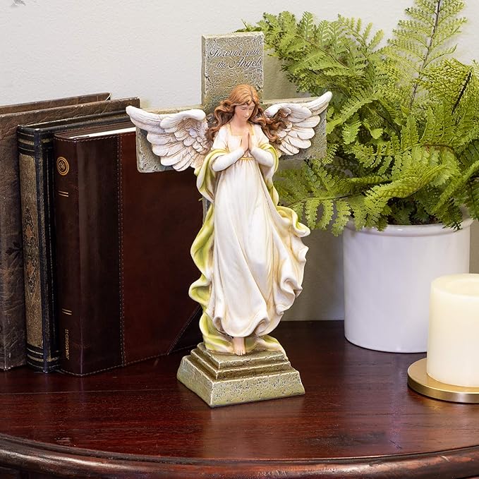 Joseph's Studio by Roman Inc., MEMORIAL ANGEL WITH CROSS, Garden Collection, Religious Statue, Holy Family, Memorial, Angel, Patron Saint, Garden Décor (3x7x12)