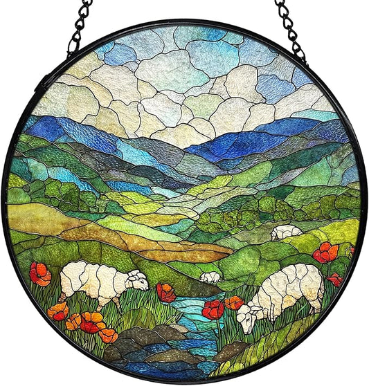 Green Irish Hills Sheep Suncatcher Stained Glass Window Hanging, Mountain Landscape Sun Catchers Indoor Window Glass Wall Art Decor, Irish Wall Hanging Decor Decorations, 7.9x7.9 Inch