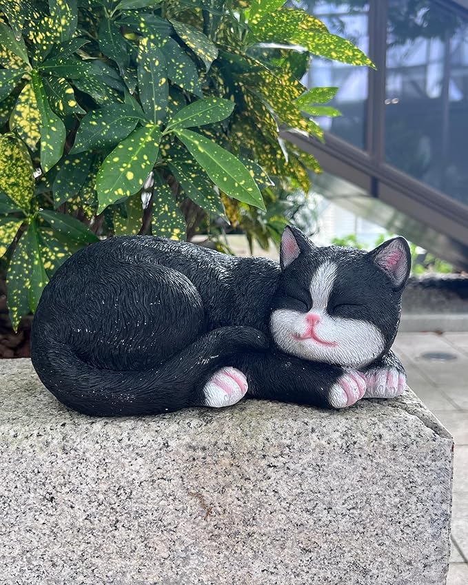 Elenon Cat Garden Statue Decorative for Yard, Black & White Sleeping Cat Figurines Home Lawn Decor, Patio Kitten Tuxedo Statues Pets Memorial Ornament for Cat Lovers