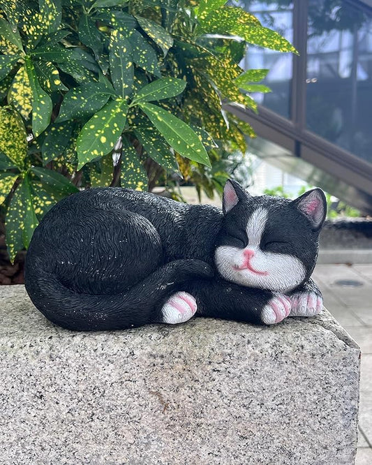 Elenon Cat Garden Statue Decorative for Yard, Black & White Sleeping Cat Figurines Home Lawn Decor, Patio Kitten Tuxedo Statues Pets Memorial Ornament for Cat Lovers