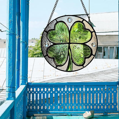 Stained Glass Window Hanging - St. Patrick's Day Green Irish Themed Gifts Sun Catcher Door Home Clover Decor Suncatcher Christmas Mother's Day Birthday Gifts for Women Men Mom Nana 11.8 in