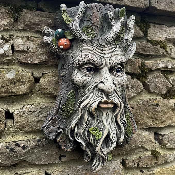 Old Man Tree Face Hugger Outdoor Decor, Handmade Tree Art Resin Statue with Foliage & Mushroom Details, Whimsical Hanging Yard Art for Garden Wall Fence