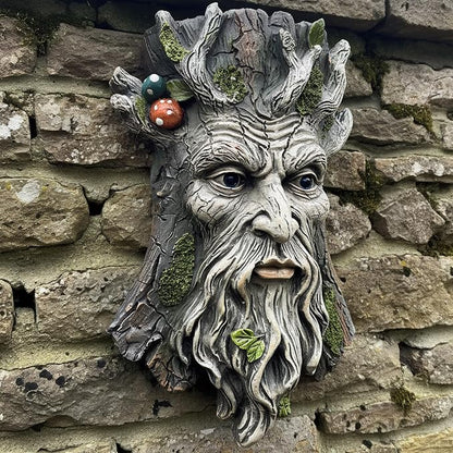 Old Man Tree Face Hugger Outdoor Decor, Handmade Tree Art Resin Statue with Foliage & Mushroom Details, Whimsical Hanging Yard Art for Garden Wall Fence
