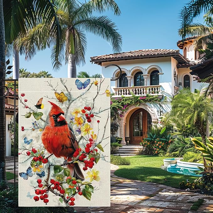Spring Summer Cardinal Bird Butterfly Floral Garden Flag 12x18 Inch Double Sided, Welcome Yard Decor, Farmhouse Outdoor Flag for Lawn Patio Porch