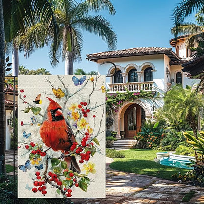 Spring Summer Cardinal Bird Butterfly Floral Garden Flag 12x18 Inch Double Sided, Welcome Yard Decor, Farmhouse Outdoor Flag for Lawn Patio Porch