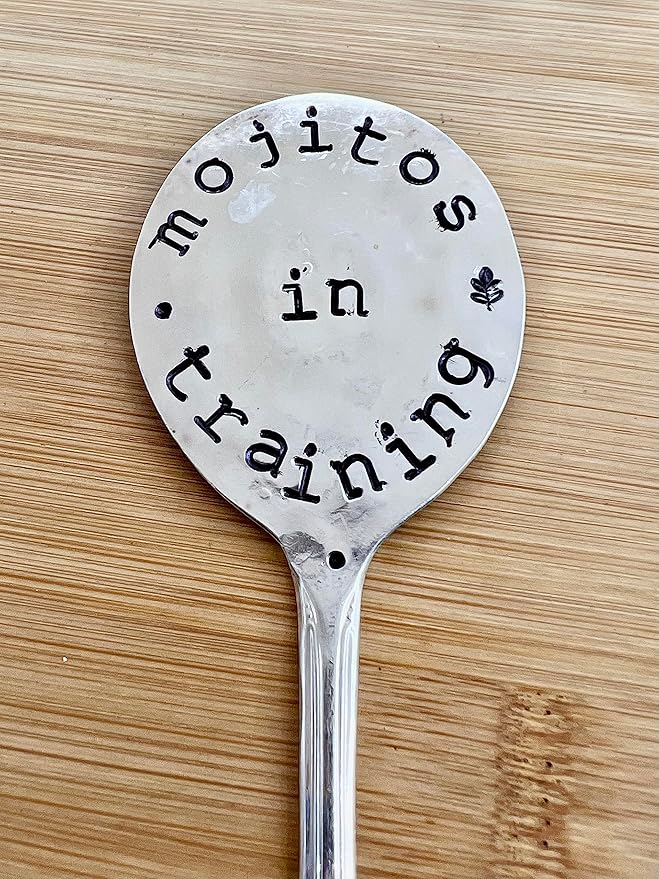 Herb Marker, Mint Funny Saying, Mojitos in Training, Hand Stamped on Silver Plate Gumbo Spoon, Garden Marker to Stick in Potted herb Plant