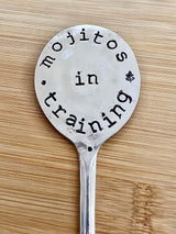 Herb Marker, Mint Funny Saying, Mojitos in Training, Hand Stamped on Silver Plate Gumbo Spoon, Garden Marker to Stick in Potted herb Plant