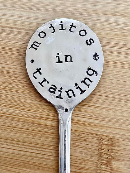 Herb Marker, Mint Funny Saying, Mojitos in Training, Hand Stamped on Silver Plate Gumbo Spoon, Garden Marker to Stick in Potted herb Plant