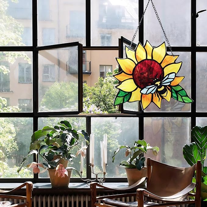 Stained Glass Suncatcher, Sunflower and Ladybug Window Hanging, Hand-Painted (Style 3)