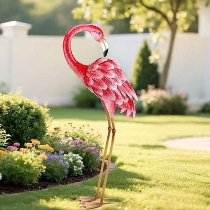 Shorayn Garden Statues Flamingo Sculptures Metal Yard Art, Pink Bird Art Outdoor Backyard Decor Patio Lawn Porch Ornament Flamingo Yard Decoration