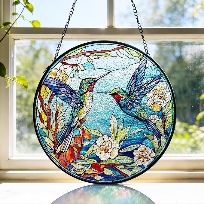 AELS Stained Glass 7.87" Round Suncatcher, Colorful Sun Catcher for Home Garden Window Decor, Window Hanging Ornament Gift for Friends and Family, Blue Feathered Hummingbird
