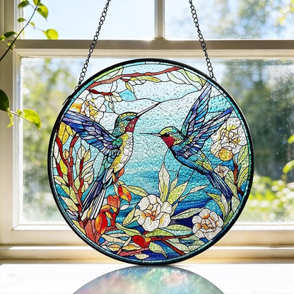 AELS Stained Glass 7.87" Round Suncatcher, Colorful Sun Catcher for Home Garden Window Decor, Window Hanging Ornament Gift for Friends and Family, Blue Feathered Hummingbird
