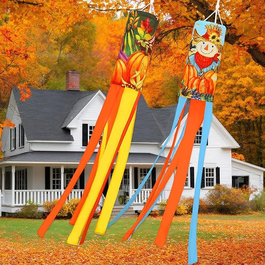 NOVWANG 2 Pcs Fall Windsocks, Scarecrows Pumpkins Wind Socks Autumn Windsocks Thanksgiving Outdoor Hanging Scarecrow Decorations for Home Farmhouse Garden Yard Decor