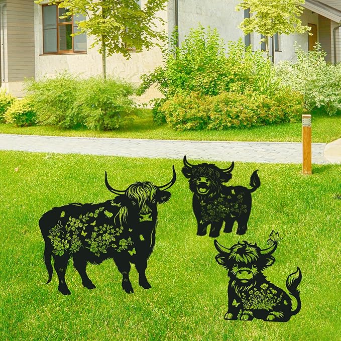 Rngmsi Highland Cow Garden Stakes Decorations 3PCS Cow Metal Silhouette Statues Garden Decor for Lawn Ornaments and Yard Art Supplies, Cow Gifts for Women Men Highland Cow Lovers
