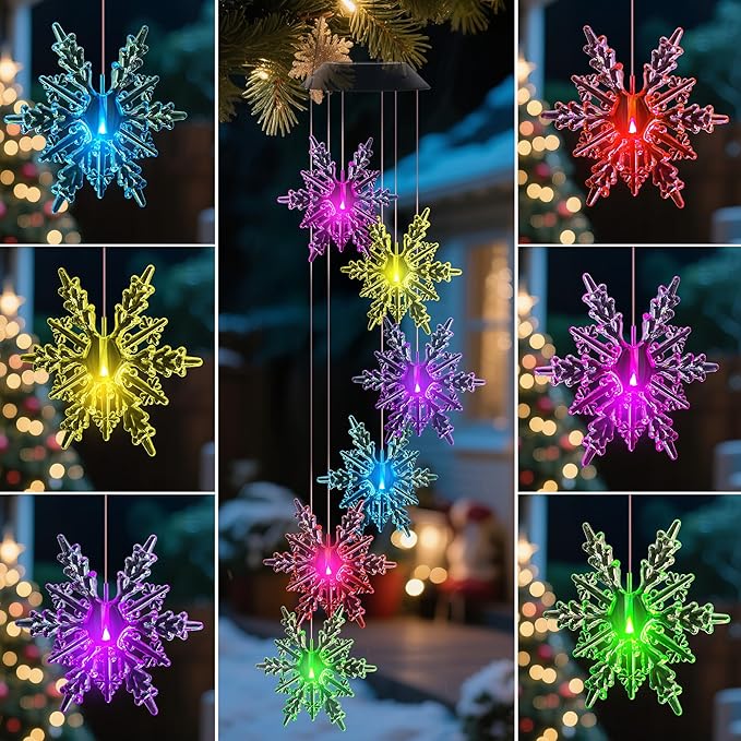 Snowflake Wind Chime,Christmas Solar Wind Chimes for Outside,Waterproof Hanging Solar Lights 6 Color Changing LED Light Windchime Outdoor Decor Gift for Holiday Garden Porch Patio Yard Decor