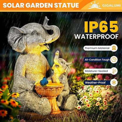 GIGALUMI Solar Garden Statues Bird Bath Elephant 9", Loving Elephant Decor, Yard Decorations Outdoor, Elephant Figurine Lights for Outside, Garden Decor Unique Housewarming Gifts for Women, Mom