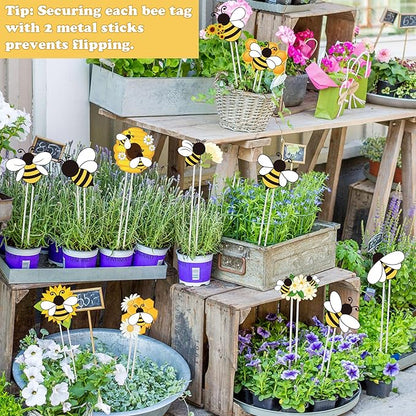 Bee Garden Stake Decor - 12 Pcs Yellow Working Bee Art Stick Floral Picks Garden Yard Metal Decorative Stake Sign Spring Summer Outdoor Backyard Pathway Lawn Plant Flower Pots Decoration