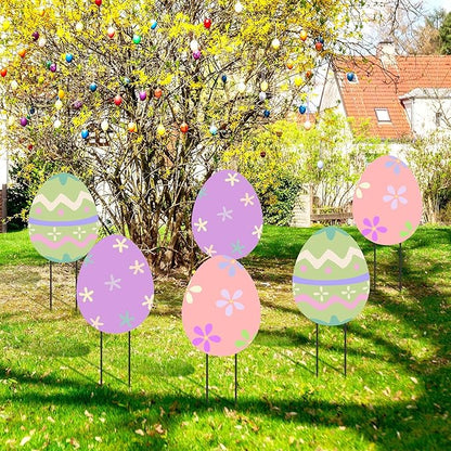 MorningRo 3 Pcs Large Easter Egg Yard Signs Metal Egg Garden Stakes Easter Lawn Decorations Outdoor Colorful Decorative Yard Decoration with Stake for Holiday Decor