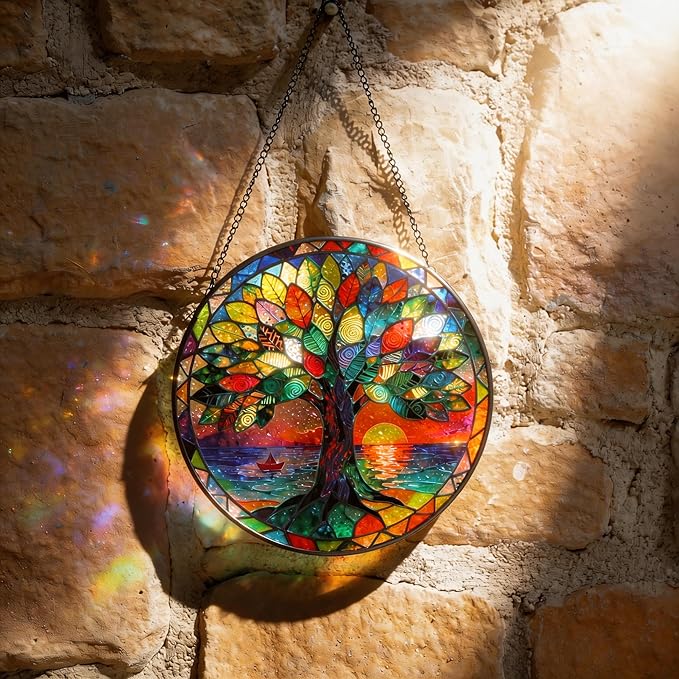 Stained Glass Tree of Life Suncatcher, Handmade Rainbow Maker Window Hanging for Garden or Home – Memorial & Sympathy Gifts, Remembrance Gift for Women Mom Family, Whimsical Decor (Colorful, Medium)