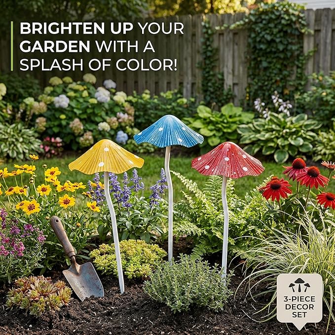 Metal Mushroom Garden Stakes Set of 3, Rust-Free Heavy Duty Metal Yard Art Decor, Whimsical Toadstool Lawn Ornaments for Fairy Garden, Flower Bed Edging, Patio & Planter Pot (No Assembly Needed)