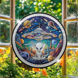 Alien Spaceship Stained Glass Window Hanging, 7.9" UFO Sun Catcher Glass Panel Boho Wall Art Decor, Hand Painted Round Ornament for Friends, Art Lover, Astronomer