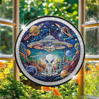 Alien Spaceship Stained Glass Window Hanging, 7.9" UFO Sun Catcher Glass Panel Boho Wall Art Decor, Hand Painted Round Ornament for Friends, Art Lover, Astronomer