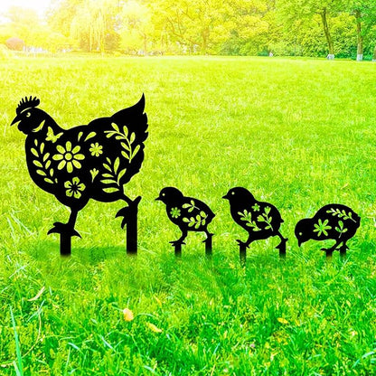4Pcs Metal Chicken Garden Decorative Statues Distinct Hen and Chicks Silhouette Design,Black Hollow-Cut Yard Art, Perfect Decor for Lawns Yard Gardens