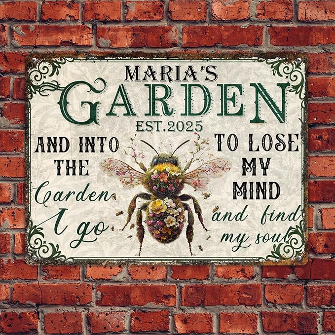 Custom Garden Signs Personalized Metal Tin Sign for Women, Retro Funny Bee Metal Sign for Outdoor, Patio, Yard Rustic Home Decor Gift for Mothers Day, Grandmas, and Gardening Lovers