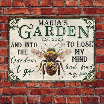 Custom Garden Signs Personalized Metal Tin Sign for Women, Retro Funny Bee Metal Sign for Outdoor, Patio, Yard Rustic Home Decor Gift for Mothers Day, Grandmas, and Gardening Lovers
