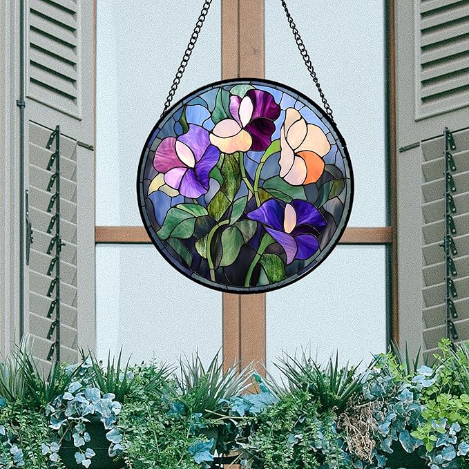 Stained Glass Window Hanging - Colorful Flower Suncatcher for Door Garden Patio Retro Floral Sun Catchers Decor Christmas Mother's Day Birthday Gifts for Women Mom Nana Friend 9.8 in