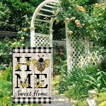 ORTIGIA Home Sweet Home Bee Garden Flag Double Sided 12.5x18 Inch, Spring Summer Yellow Flower Buffalo Plaid Check Small Yard Flag Burlap Farmhouse Rustic Outside Outdoor Lawn Patio Decor