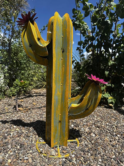 Colorful Metal Saguaro Cactus with Flowers - Handmade Garden Decor (Yellow)