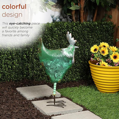 Alpine Corporation 23" Tall Outdoor Metal Cottage Farm Rooster Yard Statue, Green