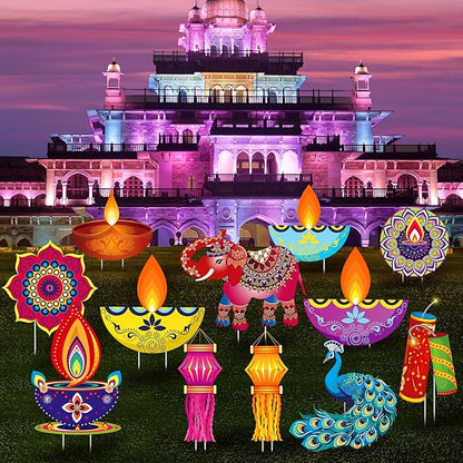 Amyhill 12 Pcs Happy Diwali Yard Sign Lawn Decor Lights Festival Party Signs Waterproof Happy Diwali Yard Outdoor Decorations with Stakes for Indian Lights Holiday Party Lawn Ornaments Decorations