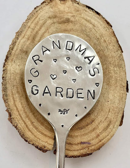 Garden Marker, Grandmas Garden with Hearts, recycled silver plate spoon, herb plant flower pot