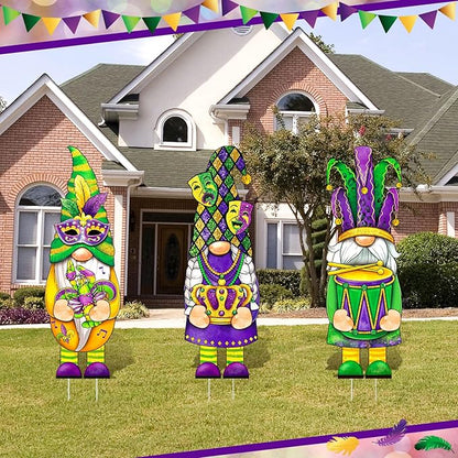 Umigy 3 Pcs Mardi Gras Yard Decor Carnival Day Gnome Outdoor Sign with Stakes Gold Green Purple Gnome Lawn Sign Sweet Yard Decor for Home Pathway Walkway