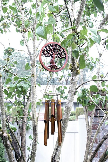 Cohasset Gifts Bamboo Wind Chime | #272 | Tree of Life Bamboo Wind Chime | Wood, Outdoor, Home Décor for Decks, Garden, Porch | Hand Carved Brown Mahogany Finish |