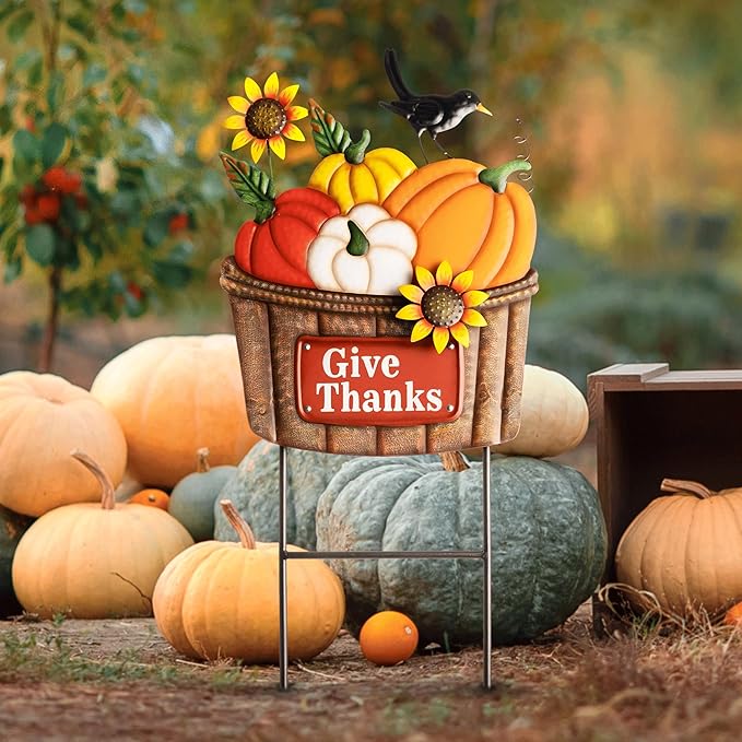 TERESA'S COLLECTIONS Fall Decorations for Outdoor Home, Pumpkin Fall Garden Decor, Autumn Metal Yard Signs Stake Lawn Sunflower for Thanksgiving Decorations, Harvest Outside Patio Party Gifts, 28 in