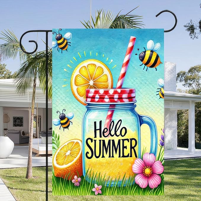 HOMETITUTE Hello Summer Garden Flag Mason Jar Flag 12x18 inch Double Sided Beach Seasonal Flags Yard Outdoor Lawn Decor Rustic Nautical Seasonal Farmhouse Decorations