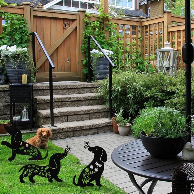 MorningRo 3 Pcs Dog Garden Decor for Outside Dachshund Gifts for Women Dog Lovers 12" Metal Puppy Garden Stake Silhouette Statues Outdoor Decor Men Spring Patio Lawn Yard Art