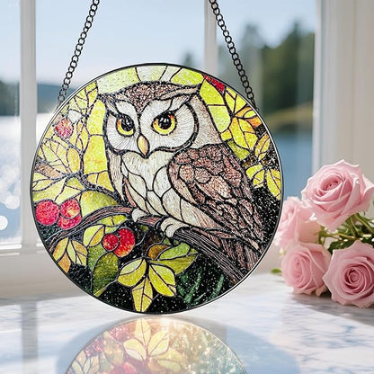 Stained Glass Window Hanging, 8 Inch Owl Suncatcher Stained Glass Ornament, Suncatchers for Windows Hanging, Sun Catchers Indoor Window, Owl Gifts, Gifts for Bird Lovers, Mom Gift