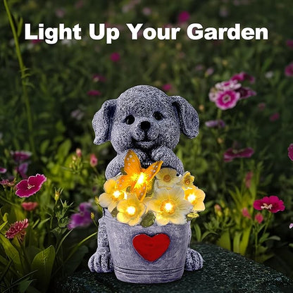 OTAVILEM Solar Garden Decor Dog Statue,Outdoor Dog Figurines with Bucket for Patio, Balcony, Backyard,Lawn Ornaments and Yard Decorations - Unique Gifts for Women, Mom,Grandma
