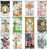 Tegeme 12 Pcs Christian Seasonal Garden Flags Set Hello Spring Door Banner Decorations Religious Cross Door Hanger 12 x 20 Inch 4th of July Hanging Flag for Outside Party Outdoor Indoor