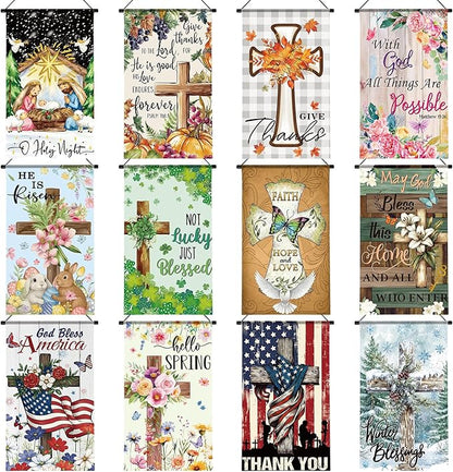 Tegeme 12 Pcs Christian Seasonal Garden Flags Set Hello Spring Door Banner Decorations Religious Cross Door Hanger 12 x 20 Inch 4th of July Hanging Flag for Outside Party Outdoor Indoor