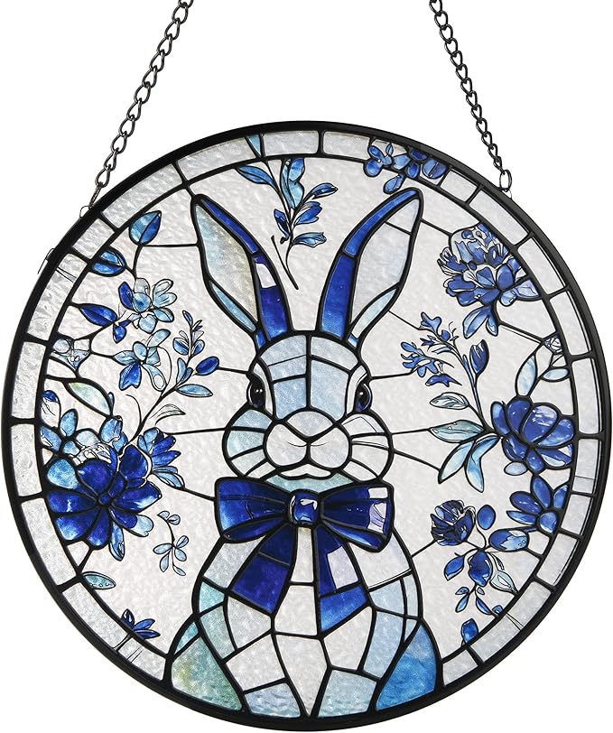 Stained Glass Window Hanging, Rabbit Circular Painted Glass Suncatcher with Chain & Suction Cup for Home Garden Door Decor, Birthday for Women Men Mom 7.8 in