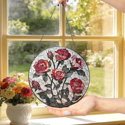 Pink Red Roses Stained Glass Window Hanging Suncatchers Valentine Roses Glass Panel Hangings Vintage Floral Window Decor Flowers Lovers Gift for Women Mom Spring Garden Nature Ornament 11.8inch