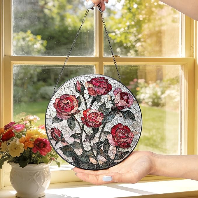 Pink Red Roses Stained Glass Window Hanging Suncatchers Valentine Roses Glass Panel Hangings Vintage Floral Window Decor Flowers Lovers Gift for Women Mom Spring Garden Nature Ornament 5.9inch